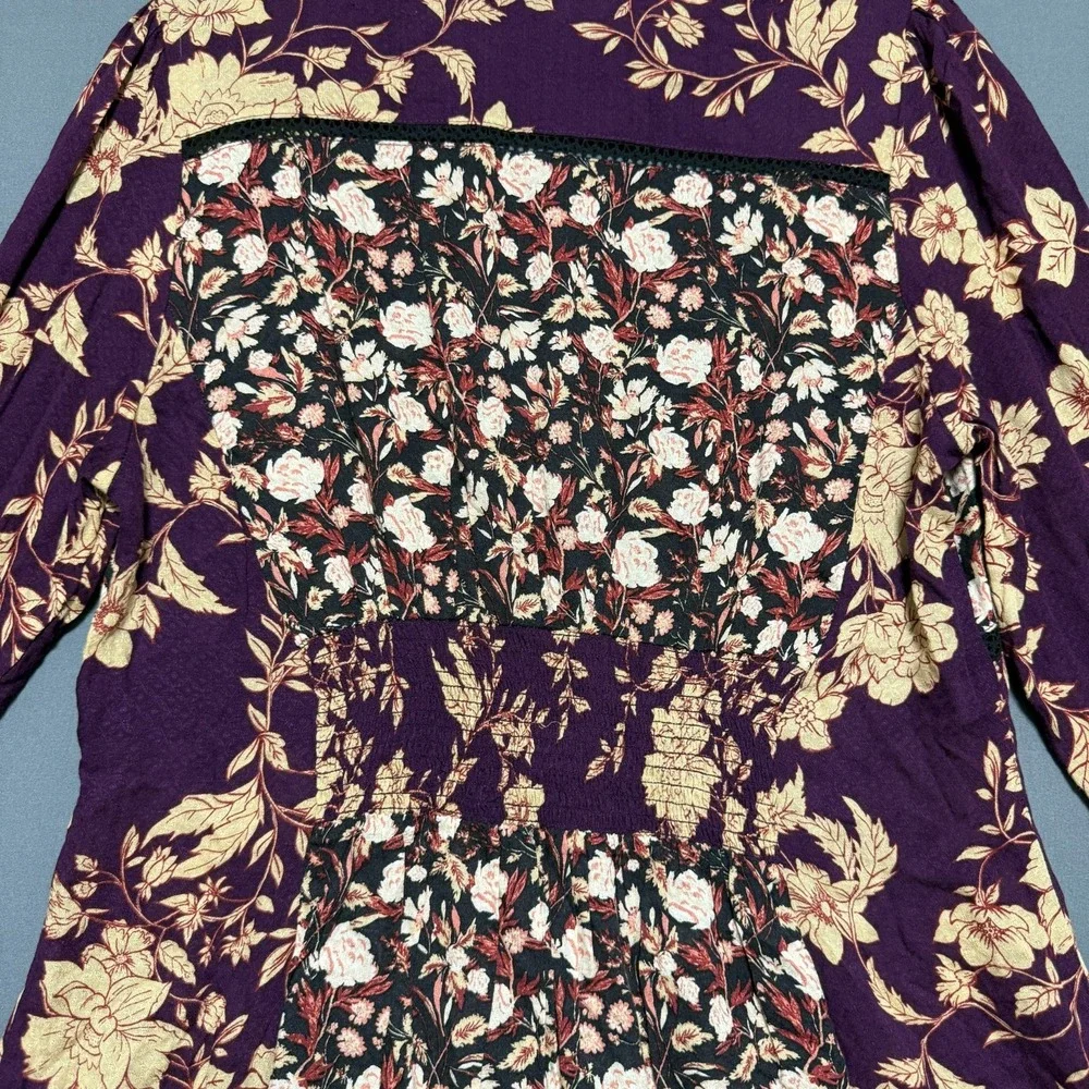 Free People Odette Floral Lace Tunic Top Medium Espresso Purple Boho Bell Sleeve